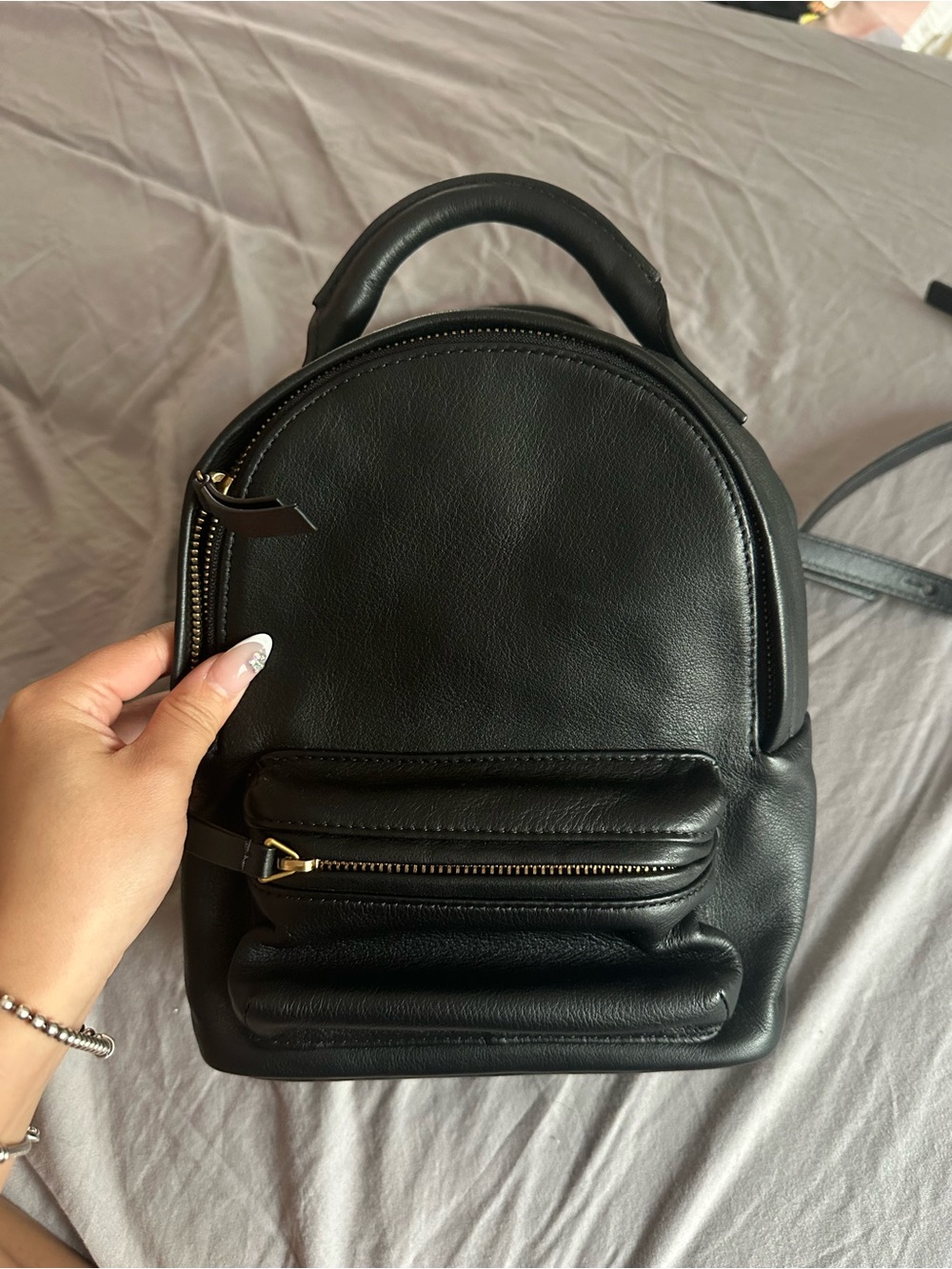 Auxiliary Black Leather Mini Backpack